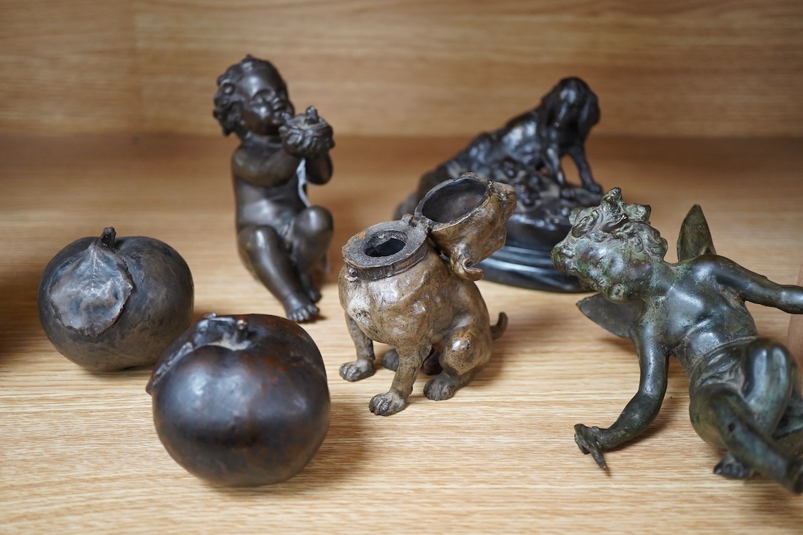 A small bronze of a of a hound and puppies after Louis Theophile Hingre (1832-1911), on marble base- 14.5cm wide, a painted bulldog ink stand, a putti and a fairy and two models of apples. (6).